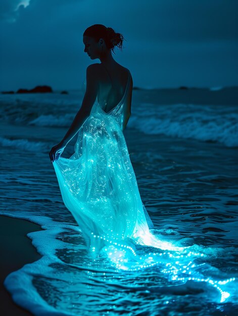 Een bioluminescente vrouw in een glinsterende mantel op een nachtelijk strand Generatieve AI