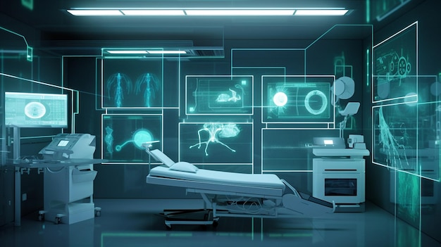 Een biopunk Generative AI-tafel in een futuristische medische ruimte met medische apparatuur en medische diagrammen aan de muur