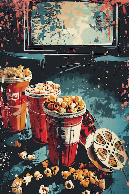 Foto een bioscoop met drie rode kopjes popcorn en een filmrol