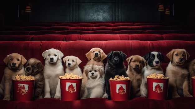 Een bioscoop met puppy's en popcorn