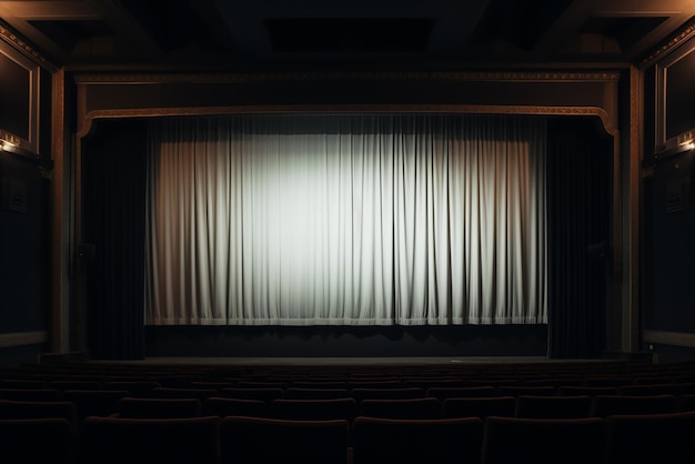 Een bioscoopzaal met een gordijn en een groot scherm