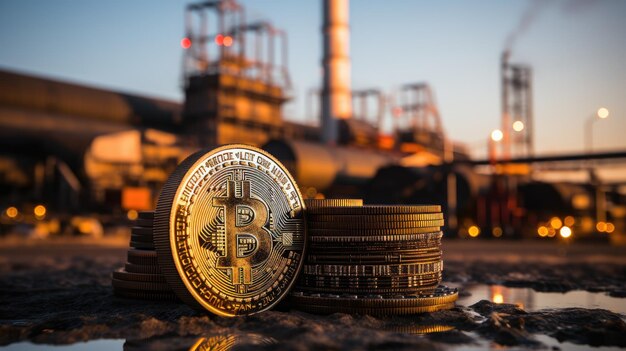 Een bitcoin voor een grote kolencentrale met een rookende schoorsteen.