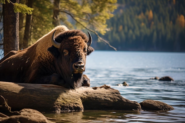een bizon die op een boomstam in het water ligt