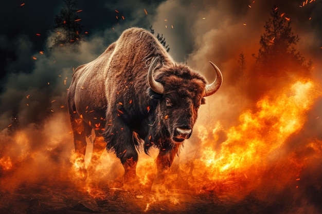 Een bizon in beweging die door een in vlammen verwoest bos loopt de dringende ontsnapping van het dier uit het milieu gevaar van een bosbrand