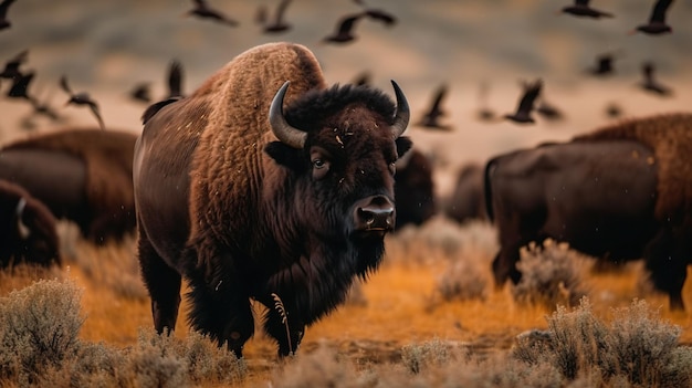 Een bizon in een veld met rondvliegende vogels