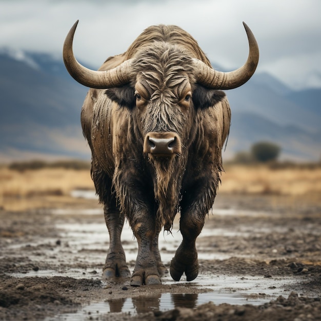 een bizon met horens loopt in een modderige plas