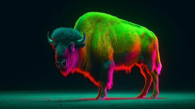 Een bizon staat in een neonkleurige uitstalling.