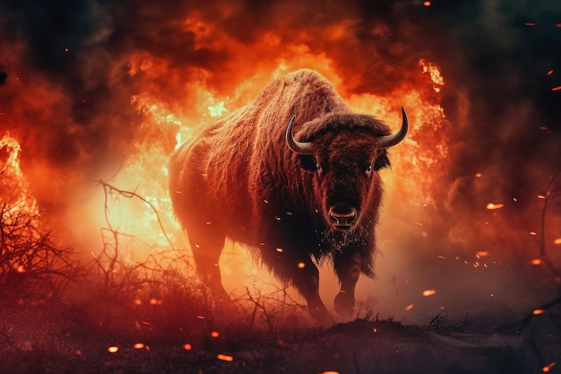 Een bizon staat uitdagend voor een onheilspellende lucht vol vlammen van een woedende bosbrand