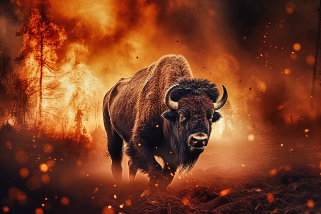 Een bizon staat uitdagend voor een onheilspellende lucht vol vlammen van een woedende bosbrand