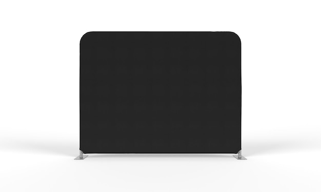 Een Black Cloth Banner Display Wall met platte stalen poten vanaf de voorkant geïsoleerd op een witte