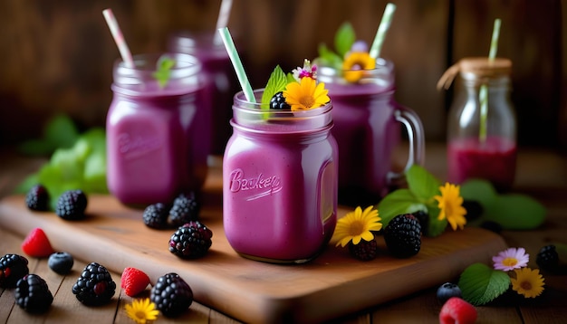 Een blackberry smoothie of milkshake geserveerd in een glazen fles met verse bessen en eetbare bloemen