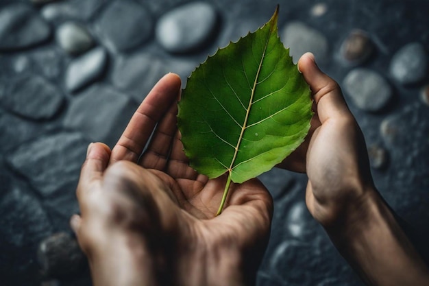 een blad met een twijg in de handpalm van iemand