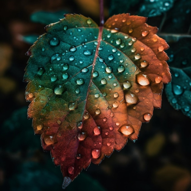Een blad met waterdruppels erop is bedekt met regendruppels.