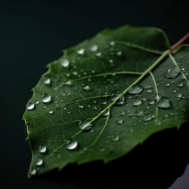 Een blad met waterdruppels erop is bedekt met waterdruppels.