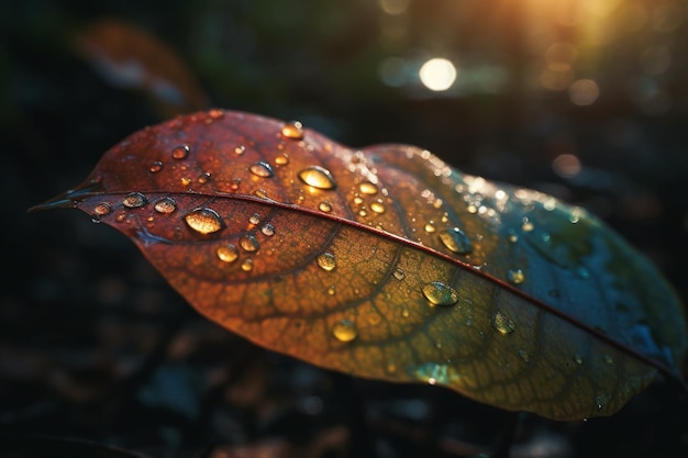 Een blad met waterdruppels erop