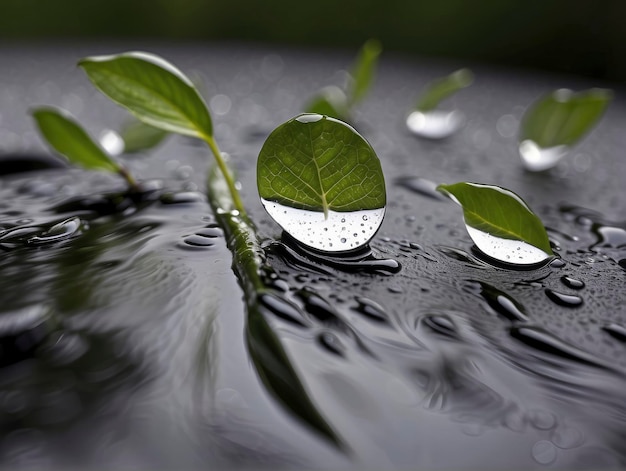 Foto een blad zit op een nat oppervlak met waterdruppels erop