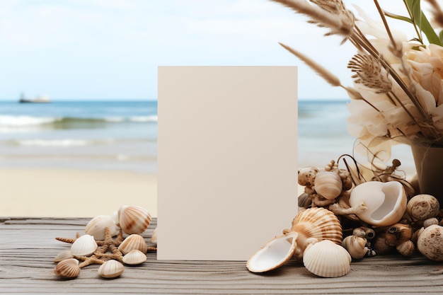 Een blanco kaart met een kustachtige achtergrond met schelpen en drijfhout voor een evenement aan zee