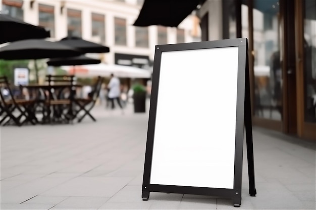 Een blanco sandwichbord blanco mock-up opgesteld op straat in de buurt van een cafégeneratieve ai