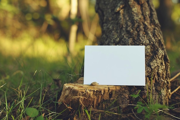 Foto een blanco stuk papier dat bovenop een boomstomp zit