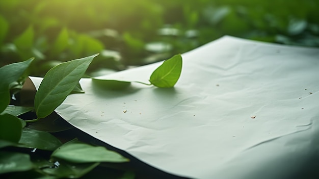 Een blanco vel papier tussen een paar groene bladeren Generatieve AI
