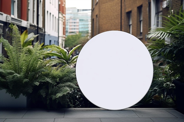 Een blanco wit rond metalen bord mock-up in moderne stad met Generative AI