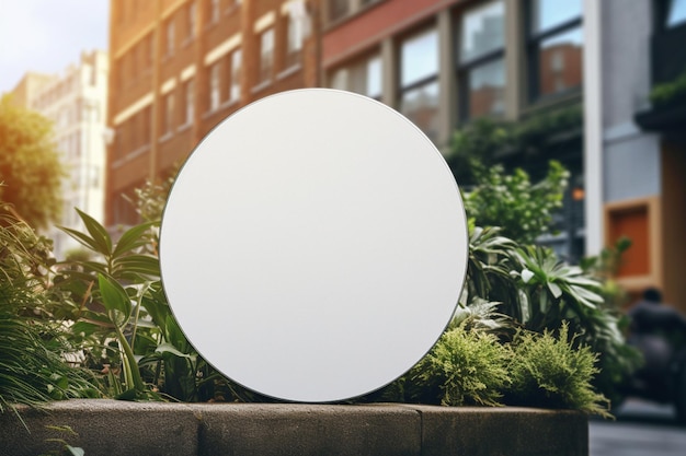 Een blanco wit rond metalen bord mock-up in moderne stad met Generative AI