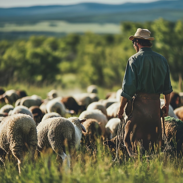 Een blanke boer voedt een kudde schapen op het veld Ai generative