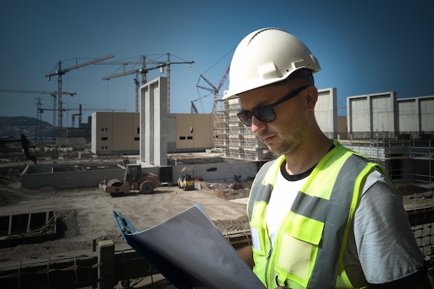 Een blanke civiele ingenieur gekleed in een witte helm en een beschermend vest kijkt naar het papierwerk