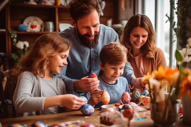 Een blanke familie schildert oosterse eieren thuis.