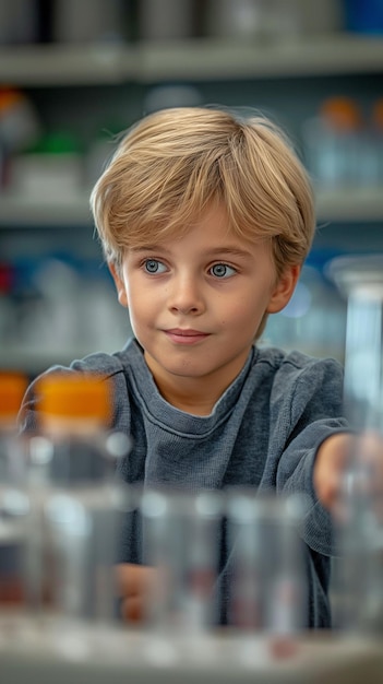 Een blanke jonge student in een wetenschappelijk lab op school kijkt naar een testbuis