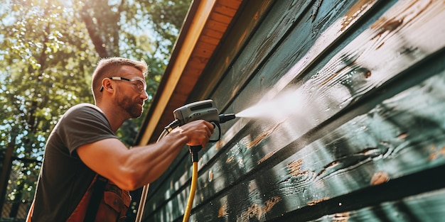 Foto een blanke man die een rubberen spuitstok gebruikt om de buitenkant van een huis te wassen