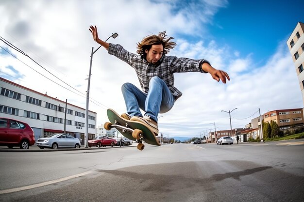 Een blanke man doet trucjes of springt op een skateboard op straat Jonge man met skater springen