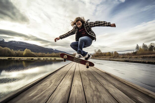 Een blanke man doet trucjes of springt op een skateboard op straat Jonge man met skater springen