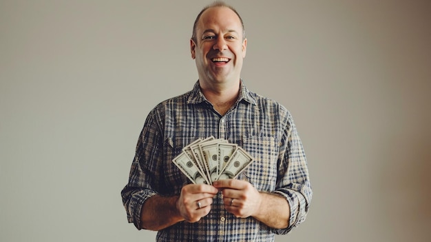een blanke man met geld in zijn handen met een glimlach op zijn gezicht vol bovenlichaam