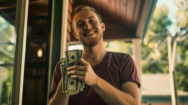 een blanke man met geld in zijn handen met een glimlach op zijn gezicht vol bovenlichaam