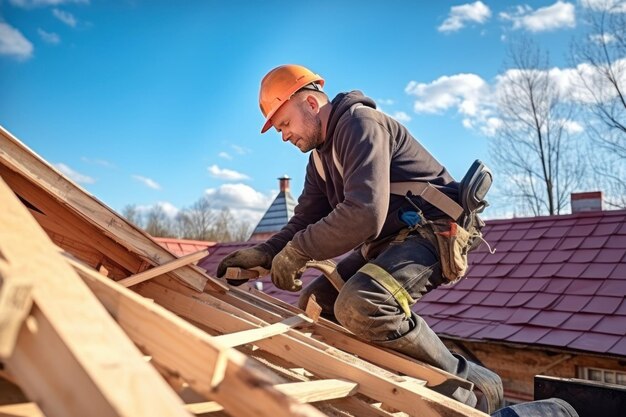 Foto een blanke man van middelbare leeftijd werkt aan de bouw van een houten raamhuis