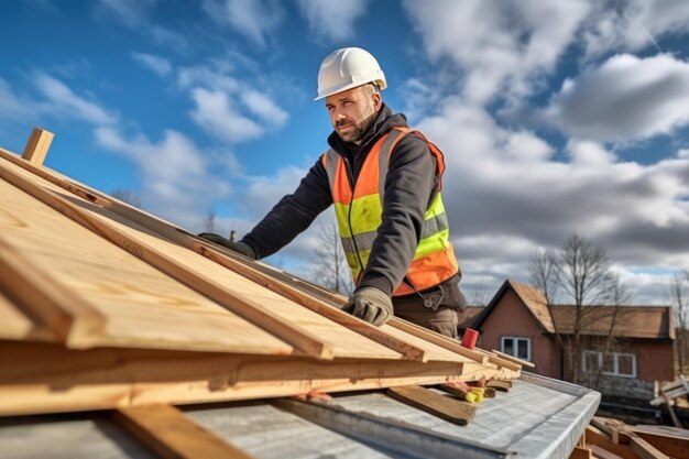 Foto een blanke man van middelbare leeftijd werkt aan de bouw van een houten raamhuis