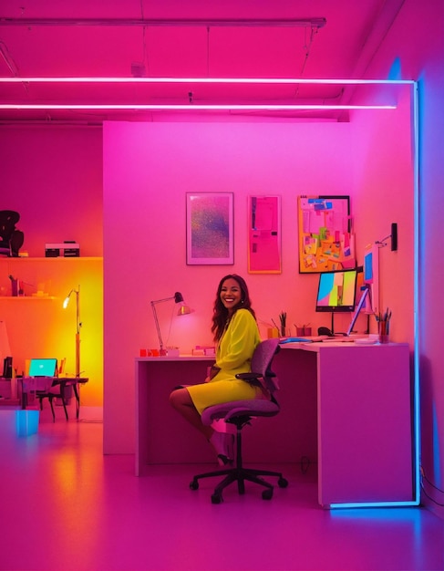 Een blanke vrouw die glimlacht in haar kantoor in een neon vibes