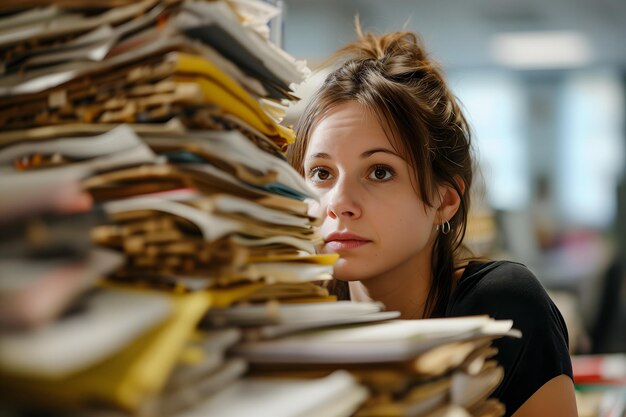 Een blanke vrouw in een kantoor overweldigd door een berg papierwerk.