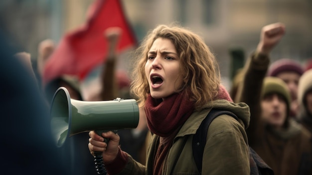 Een blanke vrouw van middelbare leeftijd schreeuwt in de megafoon van een groep mensen.