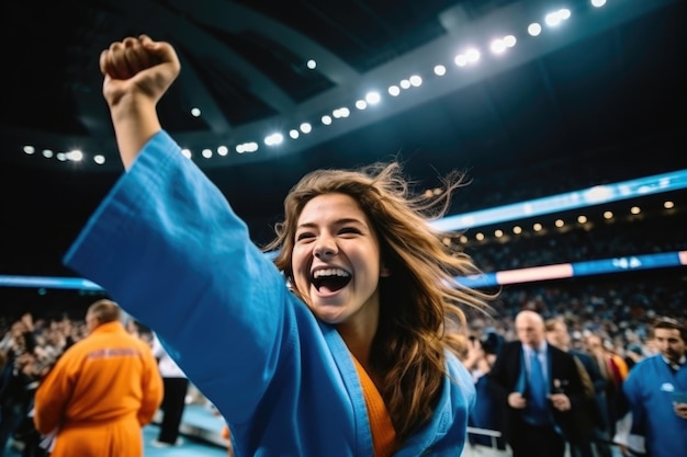 Een blanke vrouwelijke judoist in een blauw uniform verheugt zich na het winnen van een toernooi in een stadion