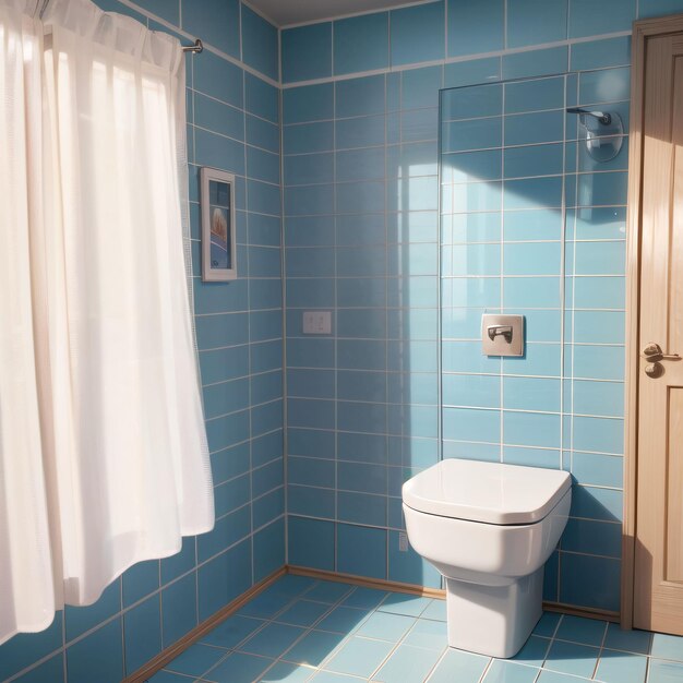 Een blauw betegelde badkamer met een toilet en een gordijn