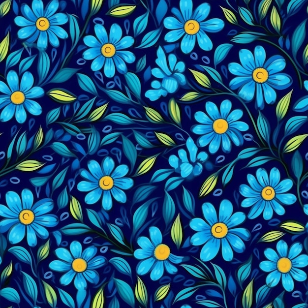 Een blauw bloemenpatroon met groene bladeren en gele centra generatieve ai