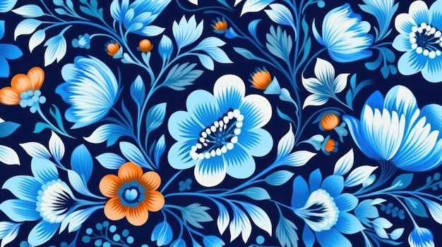 Een blauw bloemenpatroon met oranje en blauwe bloemen.