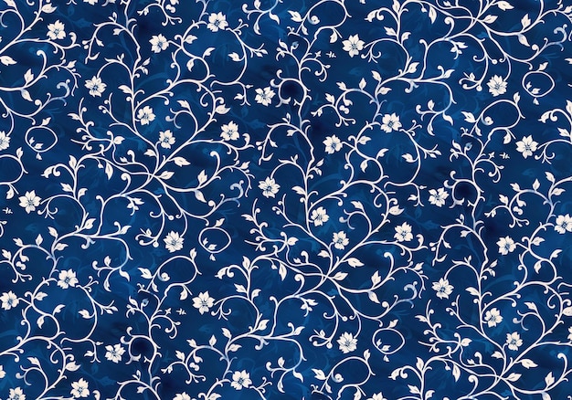 een blauw bloemenpatroon met witte bloemen op een blauwe achtergrond