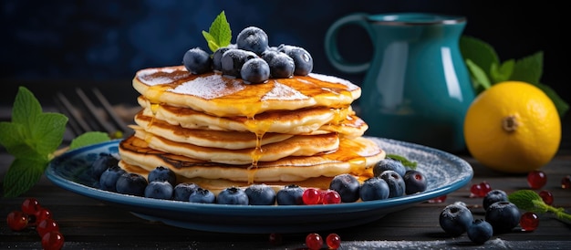 Een blauw bord bevat een stapel pannenkoeken met rozijnen gegarneerd met citroenschil en plakjes Een vork