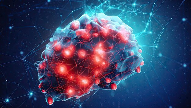 Een blauw brein omringd door stippen en verbindingen in de stijl van lichtgevende atmosfeer lichtzwart en hemelsblauw Generatieve AI