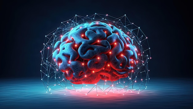 Een blauw brein omringd door stippen en verbindingen in de stijl van lichtgevende atmosfeer lichtzwart en hemelsblauw Generatieve AI