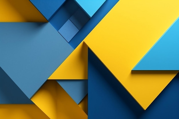 Een blauw en geel behang met een geometrisch patroon.