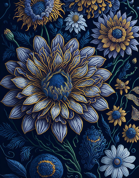 Een blauw en geel bloemenpatroon met een blauwe bloem erop.